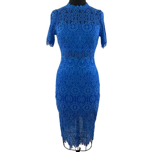 JUST ME Blue Short Sleeve Lace Crewneck Back Slit Cocktail Dress Size M Medium - Picture 1 of 11